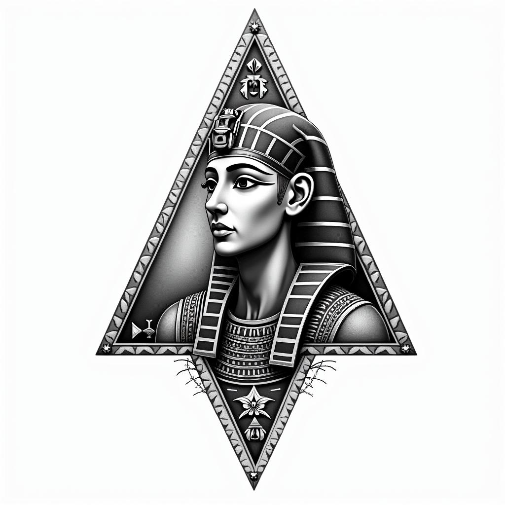 Simple triangle with a line throughin egyptian style tattoo, bold elements of ancient egyptian culture including a portrait of an Egyptian pharaoh with detailed facial features, in hieroglyphs and symbolic imagery, eye of horus, ankh symbol, scarab beetle - Variation 4