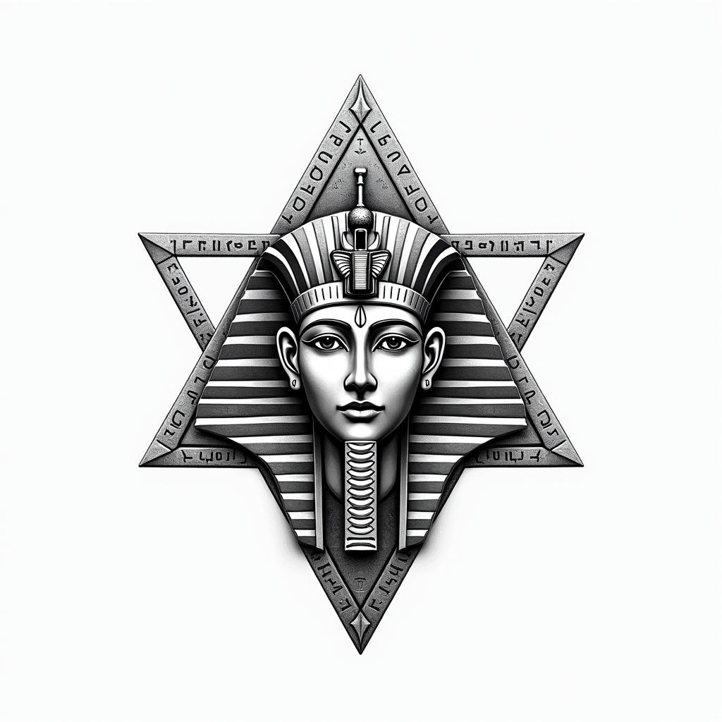 Simple triangle with a line throughin egyptian style tattoo, bold elements of ancient egyptian culture including a portrait of an Egyptian pharaoh with detailed facial features, in hieroglyphs and symbolic imagery, eye of horus, ankh symbol, scarab beetle