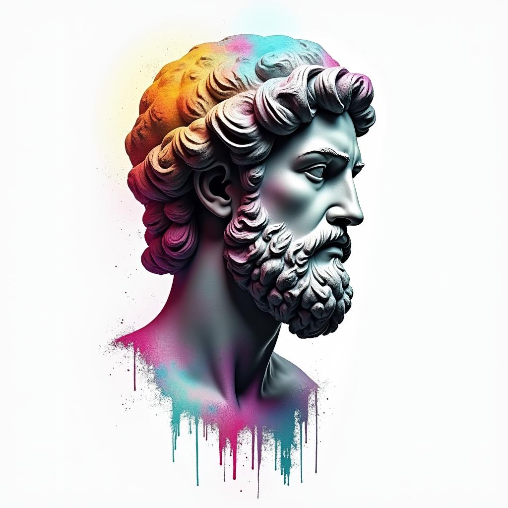Planet earthin distorted and fragmented tattoo design, featuring a classical statue bust, in a glitch art style with vibrant, overlapping colors of cyan, magenta, and yellow, creating a digital distortion effect - Variation 3