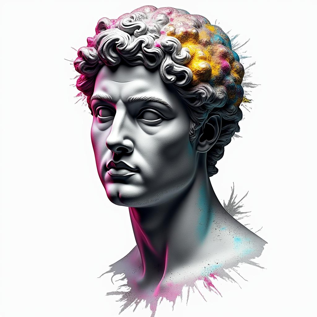 Planet earthin distorted and fragmented tattoo design, featuring a classical statue bust, in a glitch art style with vibrant, overlapping colors of cyan, magenta, and yellow, creating a digital distortion effect