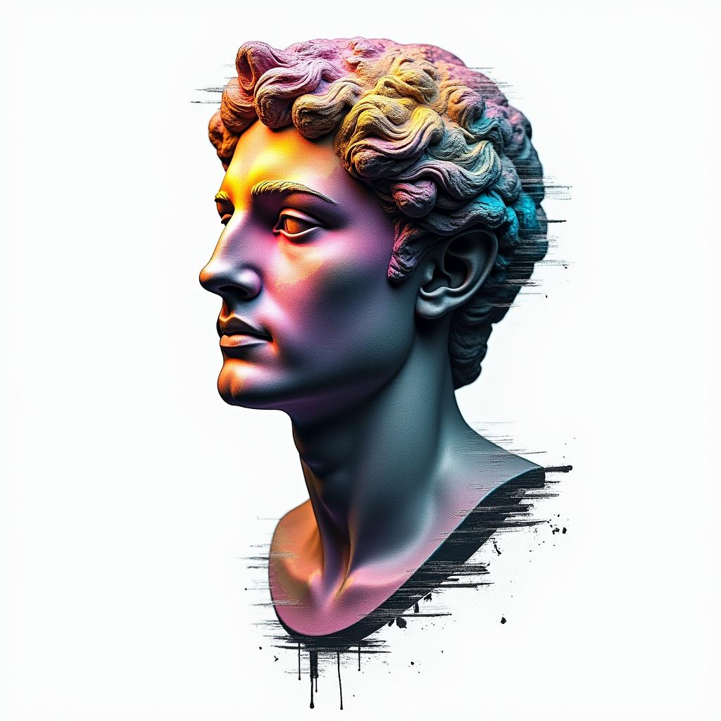 Planet earthin distorted and fragmented tattoo design, featuring a classical statue bust, in a glitch art style with vibrant, overlapping colors of cyan, magenta, and yellow, creating a digital distortion effect - Variation 2