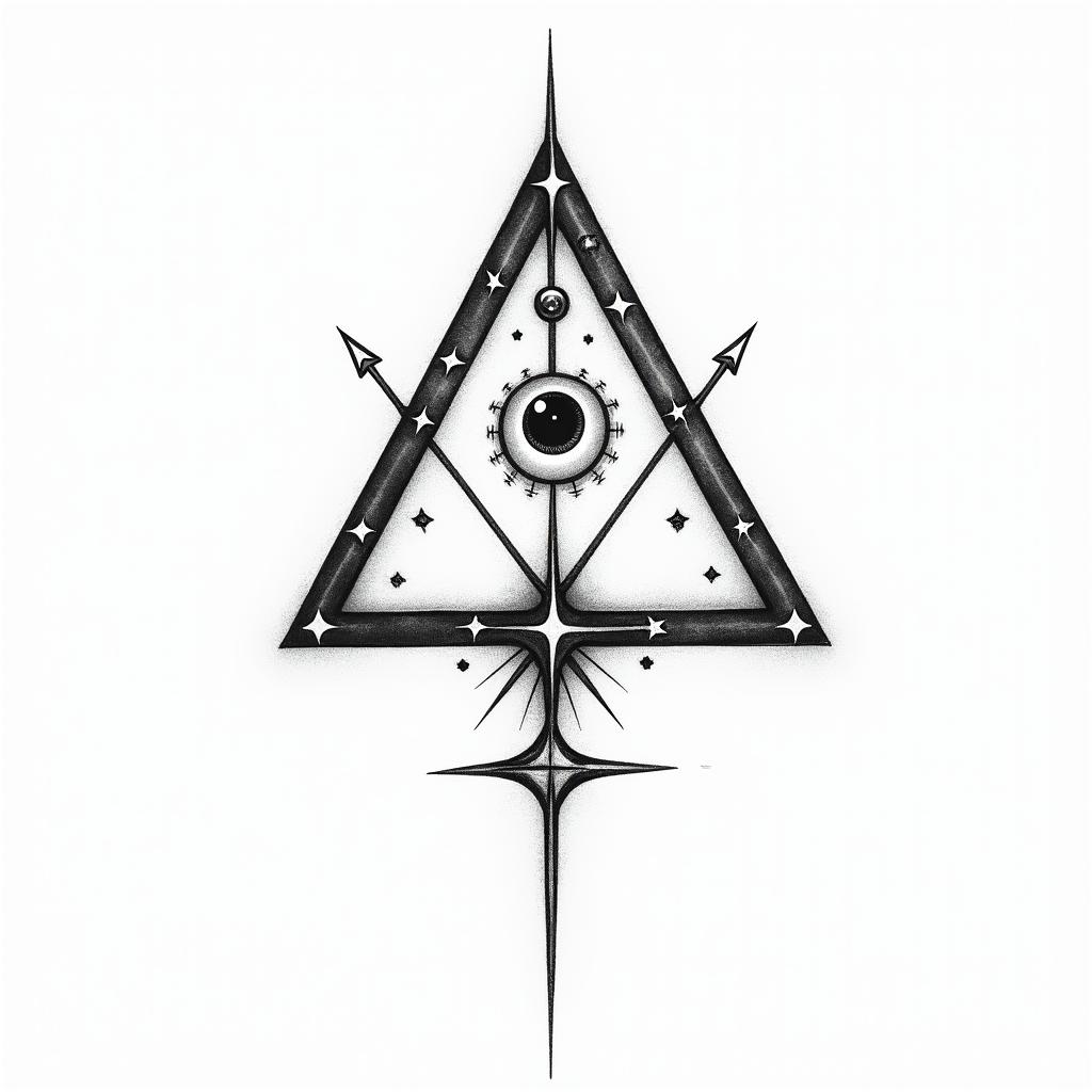 Simple triangle with a line through itin prophecy tattoo style, featuring mystical symbols, celestial imagery like stars, moons, suns, geometric patterns, foretelling elements, an eye of wisdom