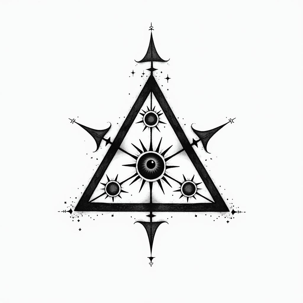 Simple triangle with a line through itin prophecy tattoo style, featuring mystical symbols, celestial imagery like stars, moons, suns, geometric patterns, foretelling elements, an eye of wisdom - Variation 2