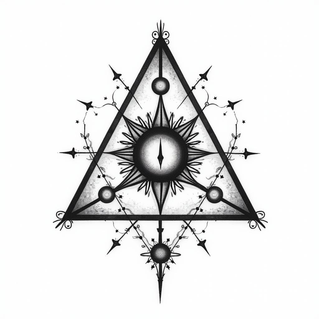 Simple triangle with a line through itin prophecy tattoo style, featuring mystical symbols, celestial imagery like stars, moons, suns, geometric patterns, foretelling elements, an eye of wisdom - Variation 3