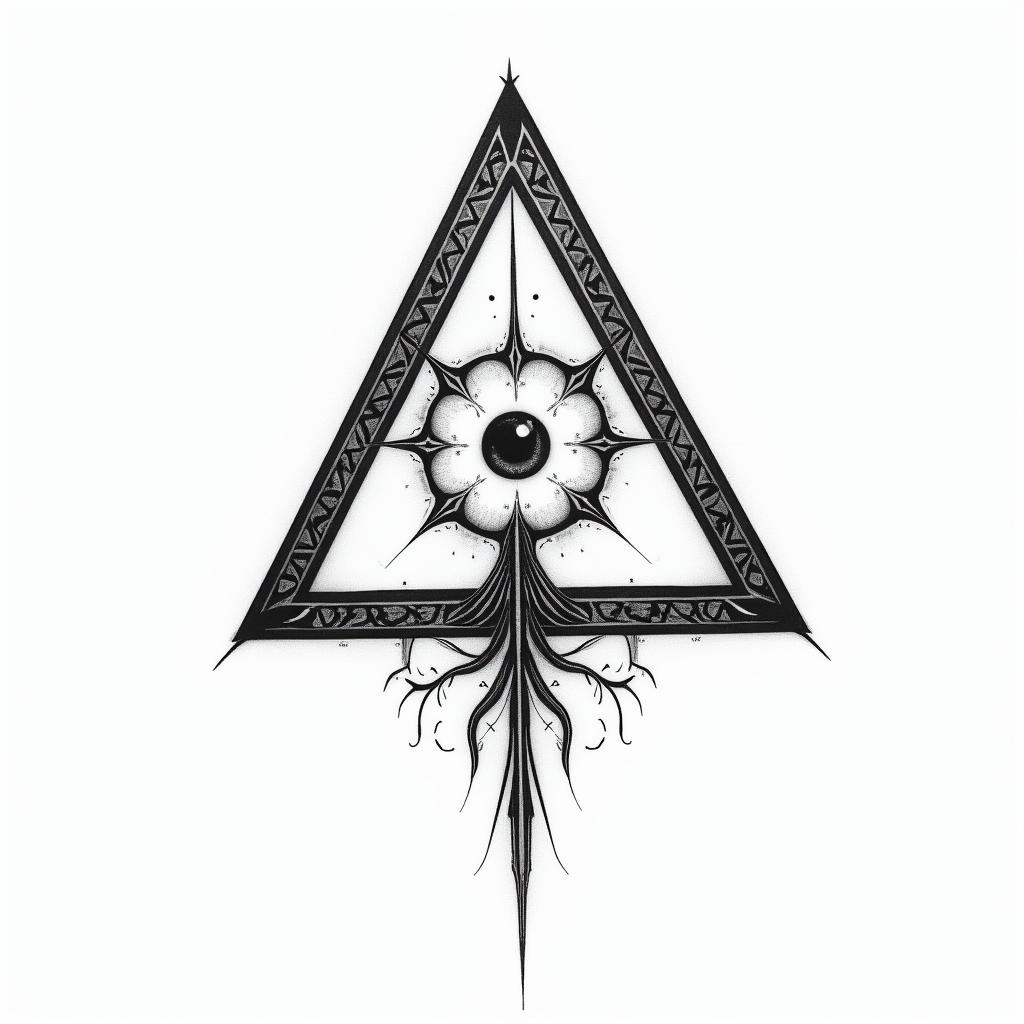 Simple triangle with a line through itin prophecy tattoo style, featuring mystical symbols, celestial imagery like stars, moons, suns, geometric patterns, foretelling elements, an eye of wisdom - Variation 4