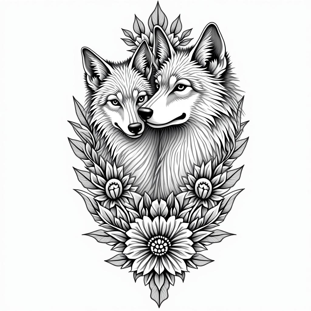 She-wolf and two wolf cubsin ornamental tattoo style, featuring intricate symmetrical patterns and floral designs, showcasing highly detailed line work and geometric shapes, creating a sense of elegance and balance - Variation 4