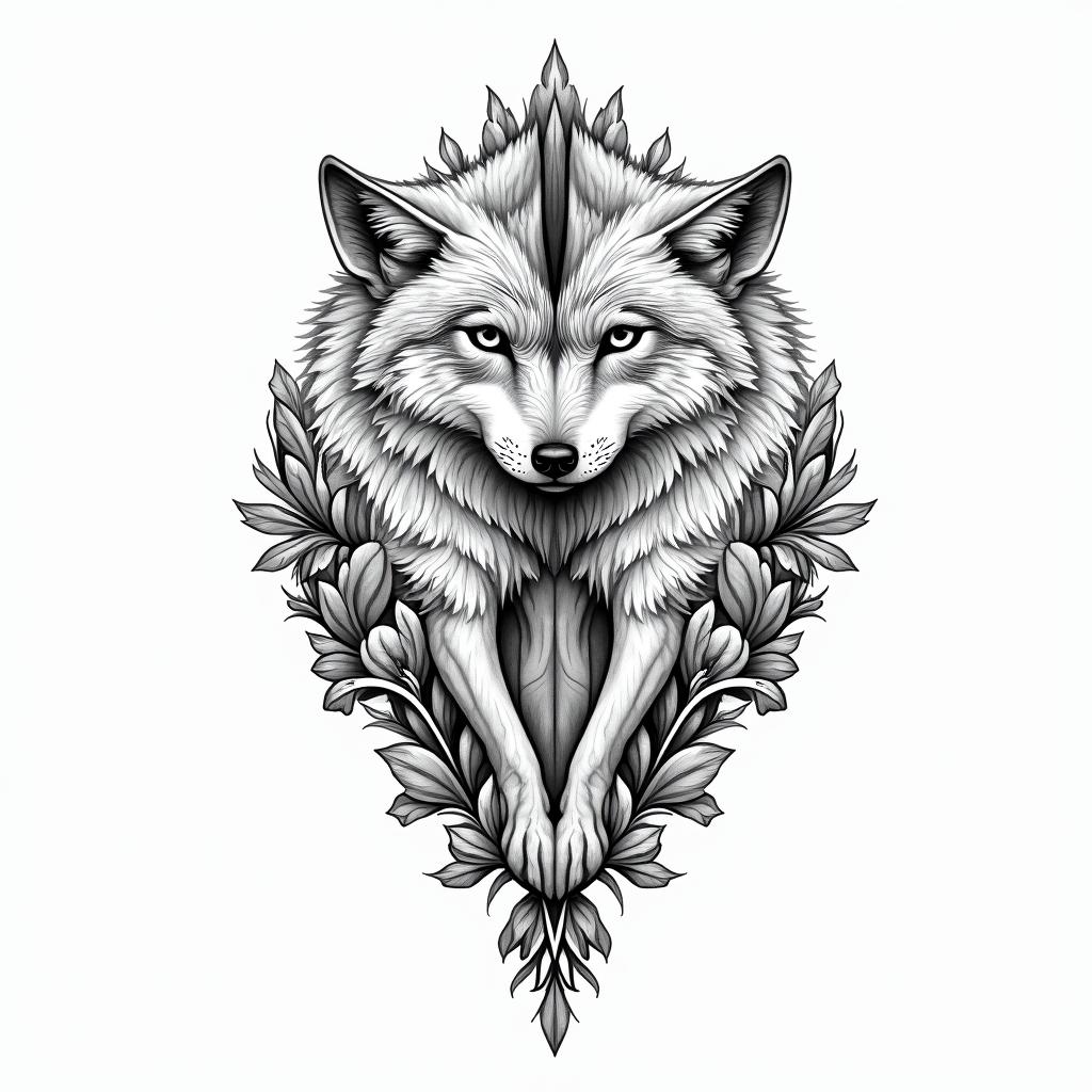 She-wolf and two wolf cubsin ornamental tattoo style, featuring intricate symmetrical patterns and floral designs, showcasing highly detailed line work and geometric shapes, creating a sense of elegance and balance - Variation 3