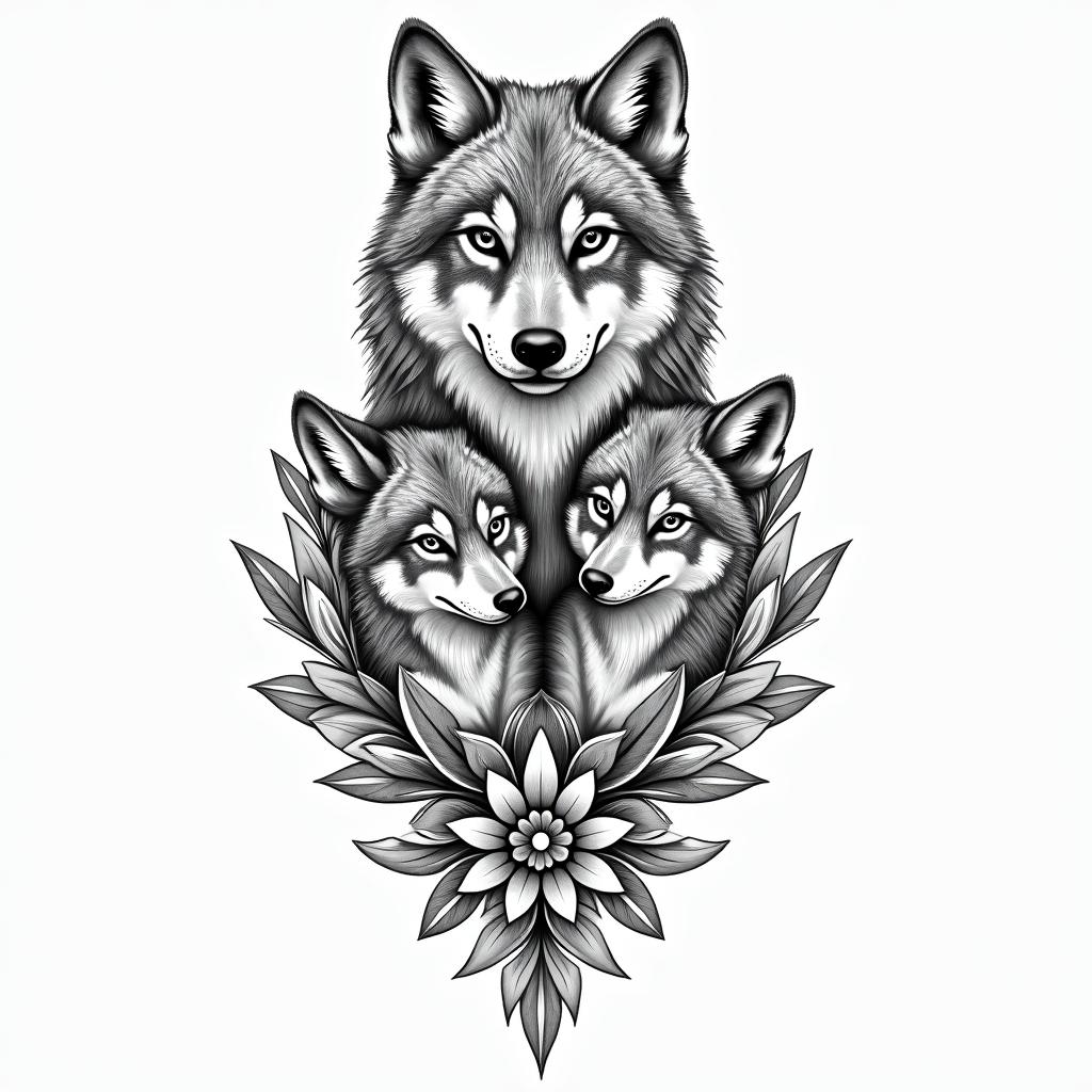 She-wolf and two wolf cubsin ornamental tattoo style, featuring intricate symmetrical patterns and floral designs, showcasing highly detailed line work and geometric shapes, creating a sense of elegance and balance