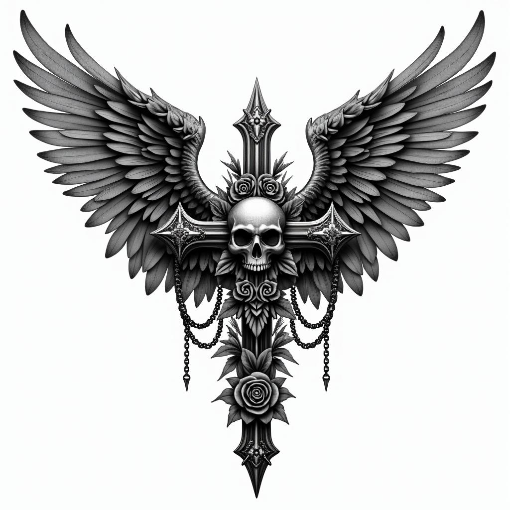 Angel wings with detailed feathersin chicano style tattoo, featuring intricate black and grey shading, bold elements of traditional chicano culture symbols, add a big cross with skull, chains and roses - Variation 11