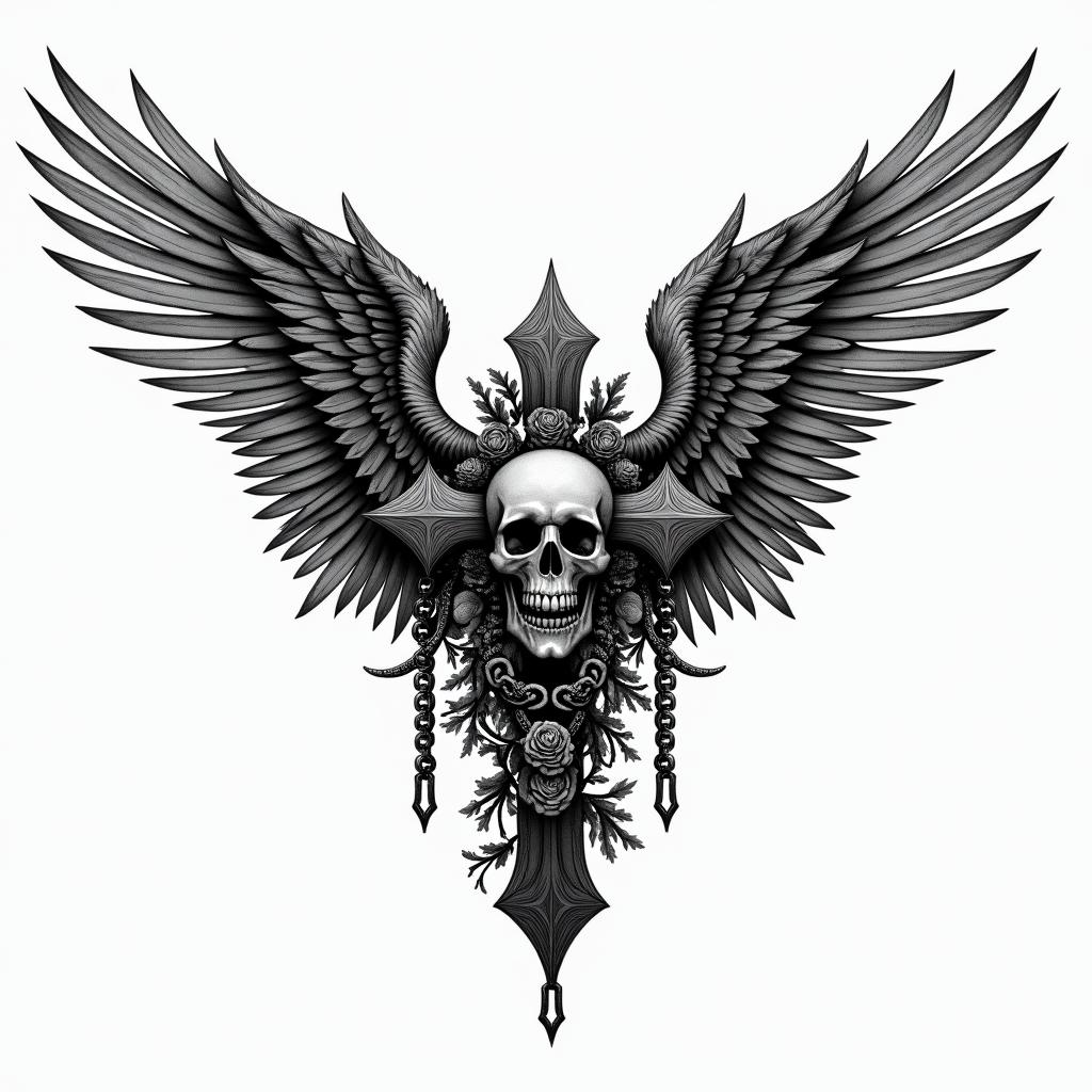 Angel wings with detailed feathersin chicano style tattoo, featuring intricate black and grey shading, bold elements of traditional chicano culture symbols, add a big cross with skull, chains and roses - Variation 8