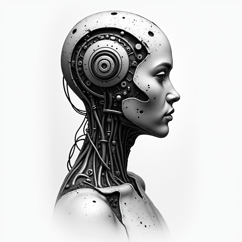 torn uptattoo in biomechanic style, the tattoo covered by robotic elements of futuristic cyberpunk design, robotic features detail, showcasing intricate mechanical components