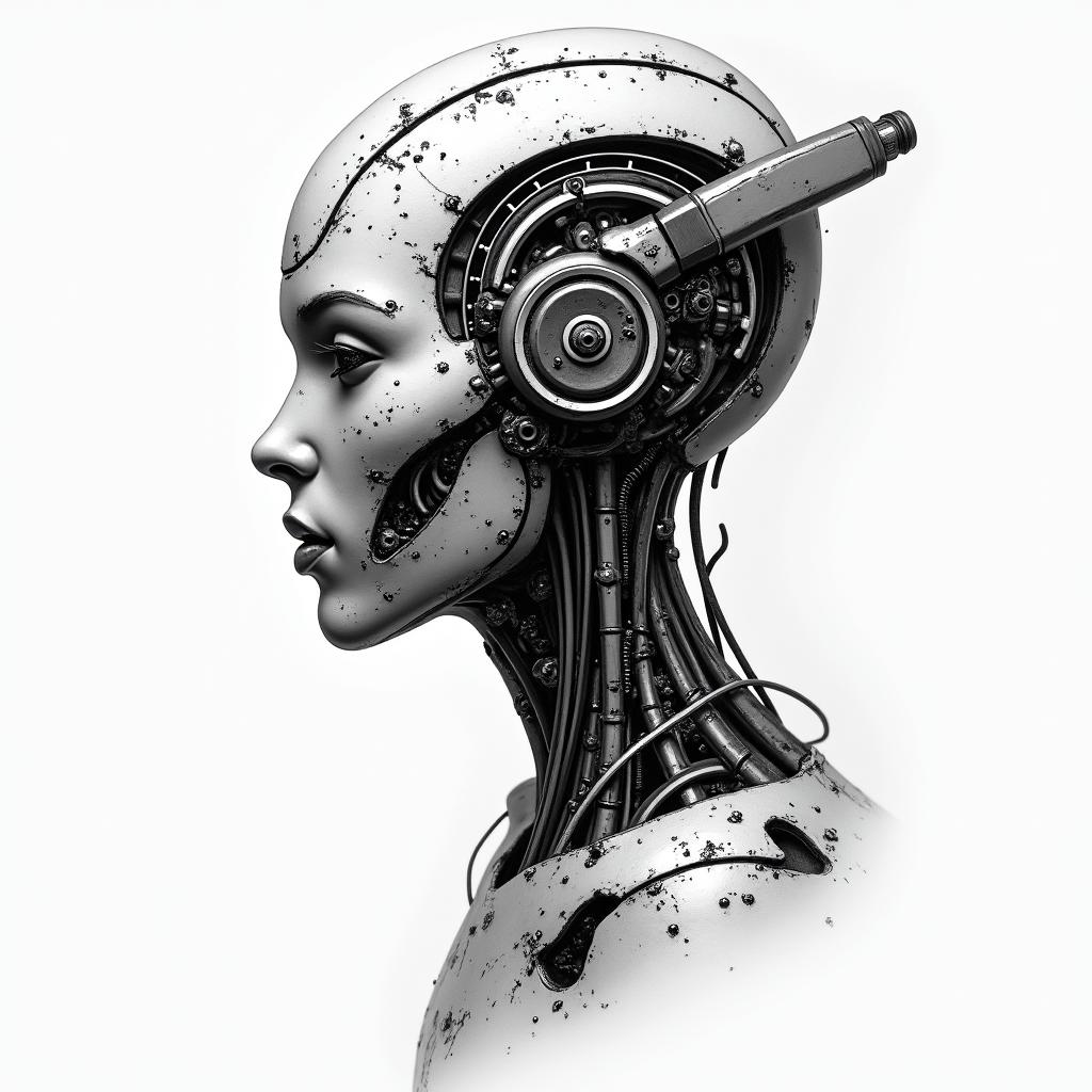 torn uptattoo in biomechanic style, the tattoo covered by robotic elements of futuristic cyberpunk design, robotic features detail, showcasing intricate mechanical components - Variation 2