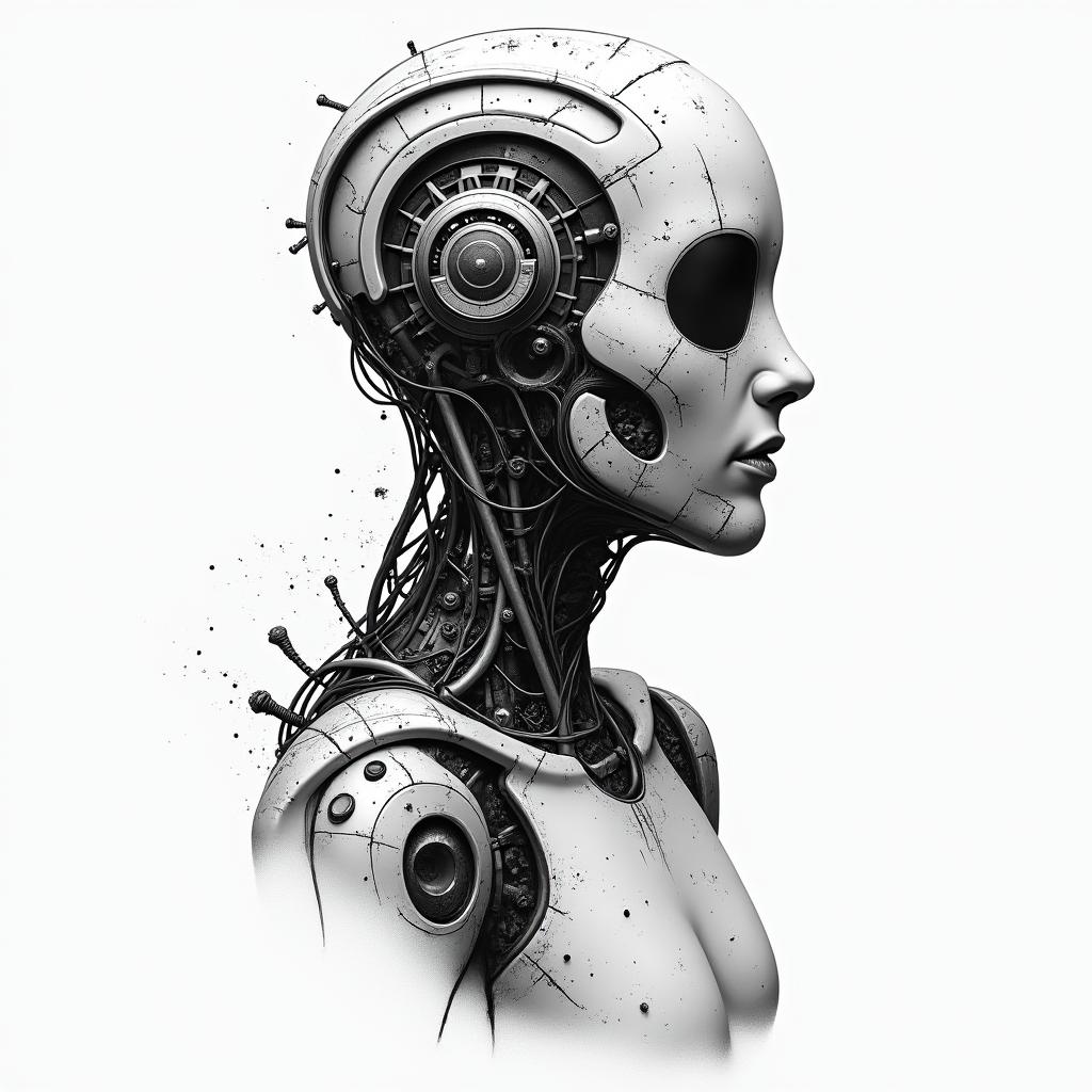 torn uptattoo in biomechanic style, the tattoo covered by robotic elements of futuristic cyberpunk design, robotic features detail, showcasing intricate mechanical components - Variation 3