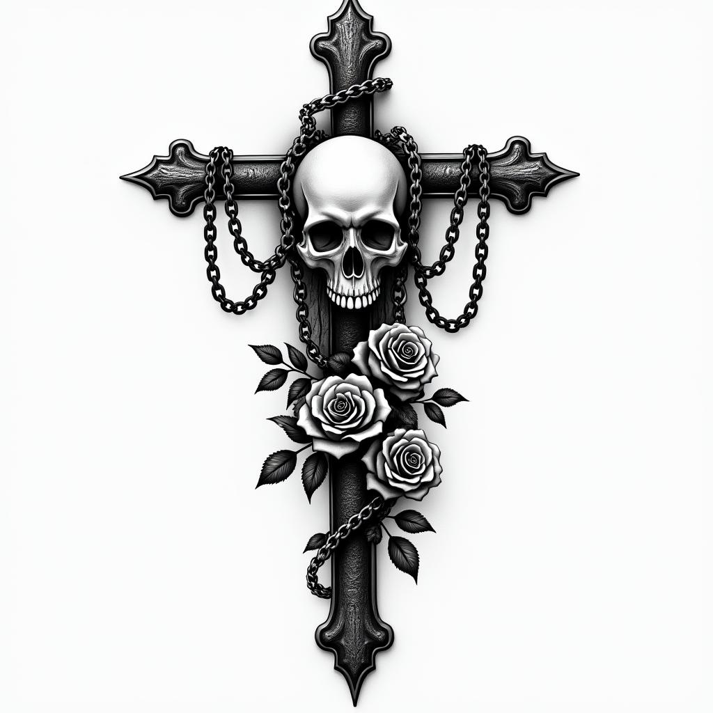 Skull on gothic cross with chainsin chicano style tattoo, featuring intricate black and grey shading, bold elements of traditional chicano culture symbols, add a big cross with skull, chains and roses