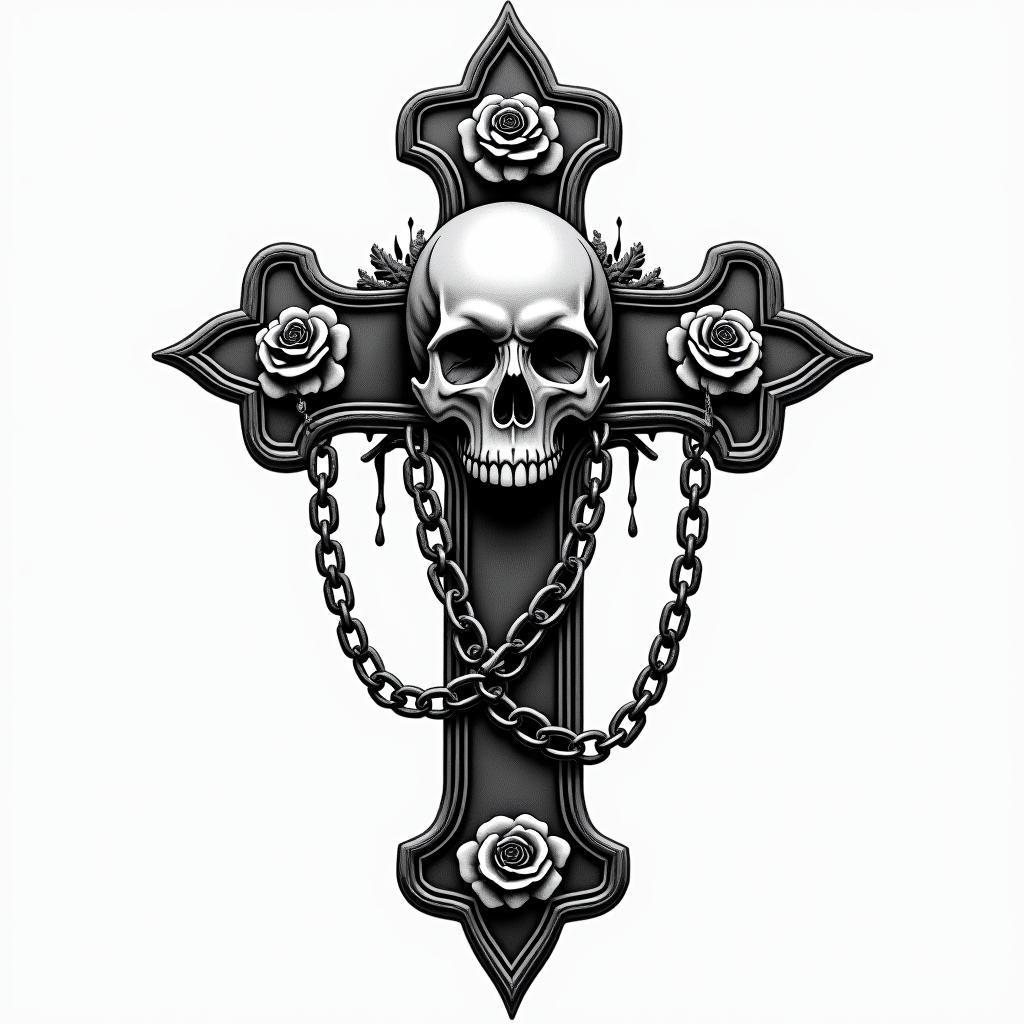 Skull on gothic cross with chainsin chicano style tattoo, featuring intricate black and grey shading, bold elements of traditional chicano culture symbols, add a big cross with skull, chains and roses - Variation 3