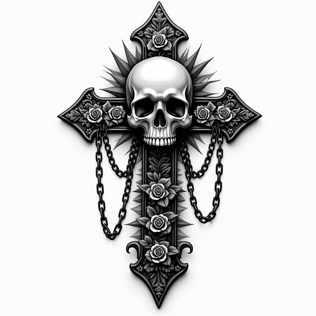 Skull on gothic cross with chainsin chicano style tattoo, featuring intricate black and grey shading, bold elements of traditional chicano culture symbols, add a big cross with skull, chains and roses - Variation 2