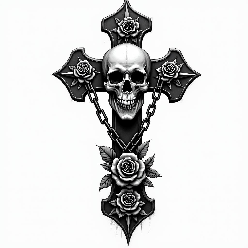 Skull on gothic cross with chainsin chicano style tattoo, featuring intricate black and grey shading, bold elements of traditional chicano culture symbols, add a big cross with skull, chains and roses - Variation 4