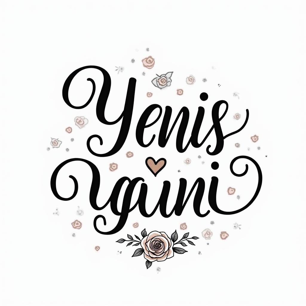 My brother named Yanis passed away in a motorcycle accident. He is a Gemini, and I would like to get a simple and discreet tattoo in his memory.in elegant cursive calligraphy style 2d tattoo, decorate with roses, featuring a smooth and flowing handwritten script with slightly thickened strokes for a luxurious and bold appearance,  heart symbol between names,  sleek and glossy black text with shadowing, minimalist matte white background, clean and sharp edges, illuminated with soft lighting, romantic, 8k, high-quality textures with refined typography - Variation 4