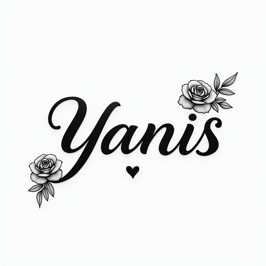 My brother named Yanis passed away in a motorcycle accident. He is a Gemini, and I would like to get a simple and discreet tattoo in his memory.in elegant cursive calligraphy style 2d tattoo, decorate with roses, featuring a smooth and flowing handwritten script with slightly thickened strokes for a luxurious and bold appearance,  heart symbol between names,  sleek and glossy black text with shadowing, minimalist matte white background, clean and sharp edges, illuminated with soft lighting, romantic, 8k, high-quality textures with refined typography - Variation 2