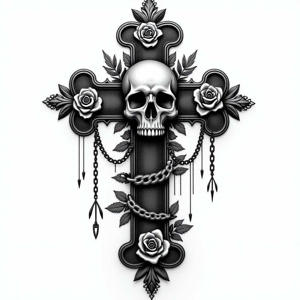 San Jose Californiain chicano style tattoo, featuring intricate black and grey shading, bold elements of traditional chicano culture symbols, add a big cross with skull, chains and roses - Variation 2