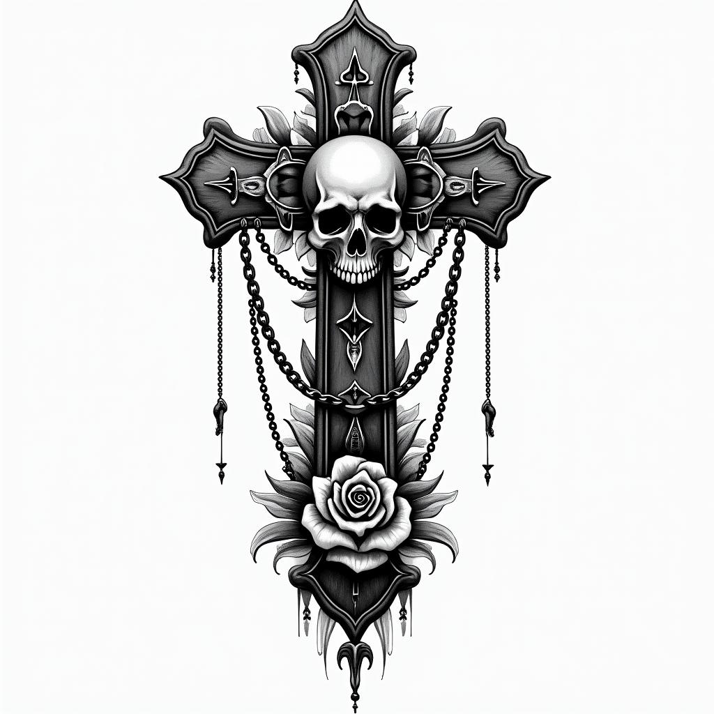 San Jose Californiain chicano style tattoo, featuring intricate black and grey shading, bold elements of traditional chicano culture symbols, add a big cross with skull, chains and roses - Variation 4