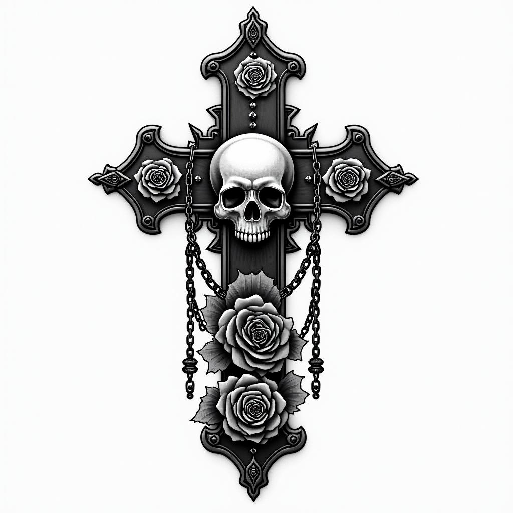 San Jose Californiain chicano style tattoo, featuring intricate black and grey shading, bold elements of traditional chicano culture symbols, add a big cross with skull, chains and roses