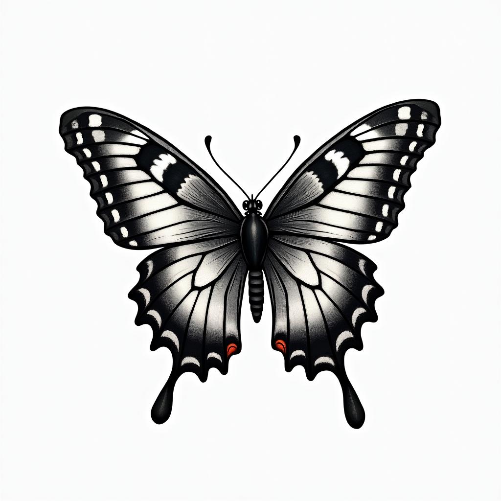 Butterfly with intricate wing patterns to represent sexual trauma survivors in authentic tattoo style, incorporating traditional modifications, bold black outlines, solid color fills, featuring classic authentic elements - Variation 2