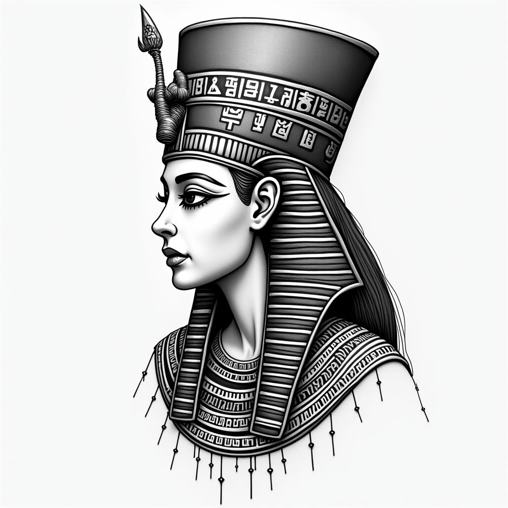 Inka, liebe, Familie in egyptian style tattoo, bold elements of ancient egyptian culture including a portrait of an Egyptian pharaoh with detailed facial features, in hieroglyphs and symbolic imagery, eye of horus, ankh symbol, scarab beetle
