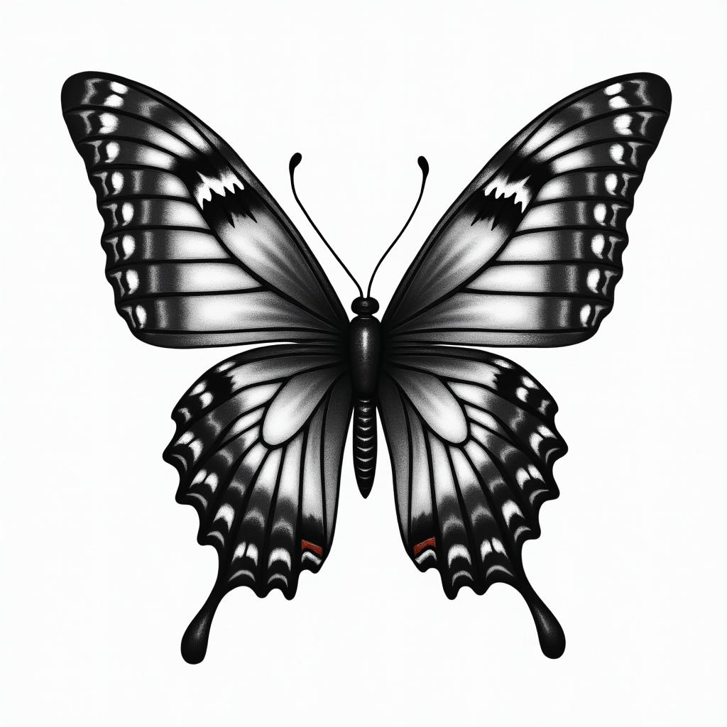 Butterfly with intricate wing patterns to represent sexual trauma survivors in authentic tattoo style, incorporating traditional modifications, bold black outlines, solid color fills, featuring classic authentic elements