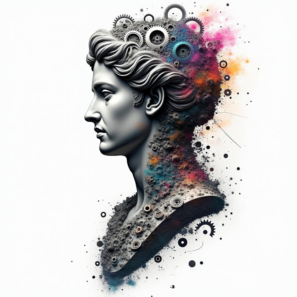 Mechanical gears fused with human anatomyin distorted and fragmented tattoo design, featuring a classical statue bust, in a glitch art style with vibrant, overlapping colors of cyan, magenta, and yellow, creating a digital distortion effect - Variation 5