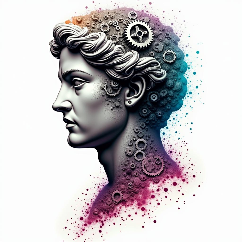 Mechanical gears fused with human anatomyin distorted and fragmented tattoo design, featuring a classical statue bust, in a glitch art style with vibrant, overlapping colors of cyan, magenta, and yellow, creating a digital distortion effect - Variation 6