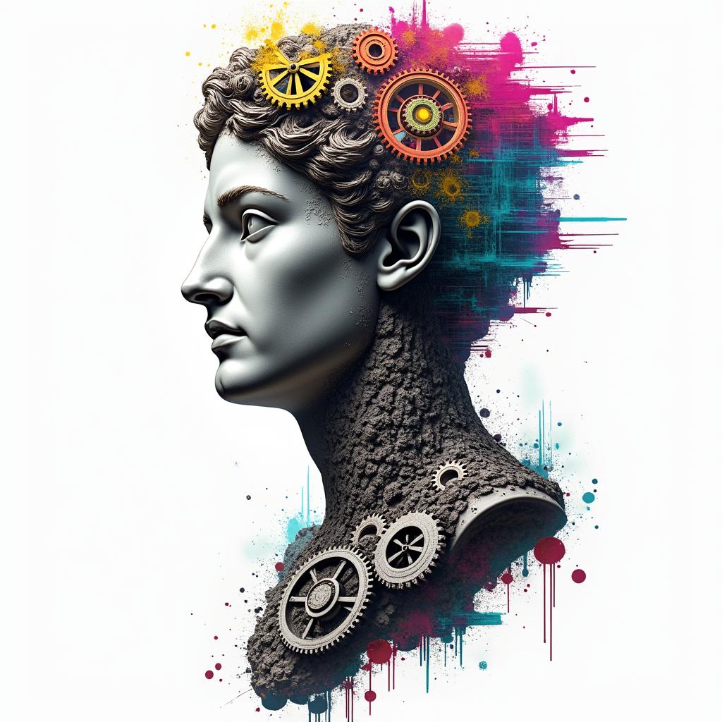 Mechanical gears fused with human anatomyin distorted and fragmented tattoo design, featuring a classical statue bust, in a glitch art style with vibrant, overlapping colors of cyan, magenta, and yellow, creating a digital distortion effect - Variation 8