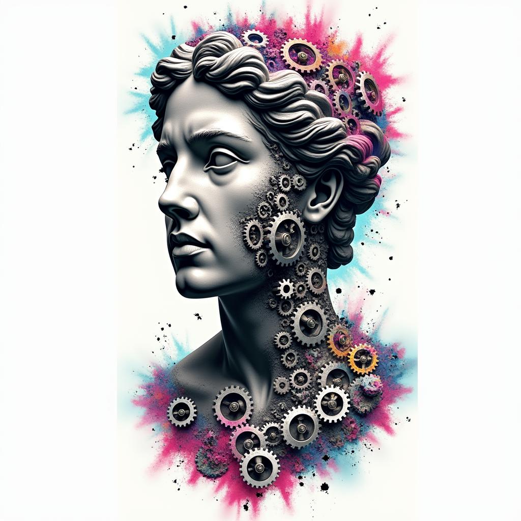 Mechanical gears fused with human anatomyin distorted and fragmented tattoo design, featuring a classical statue bust, in a glitch art style with vibrant, overlapping colors of cyan, magenta, and yellow, creating a digital distortion effect - Variation 7