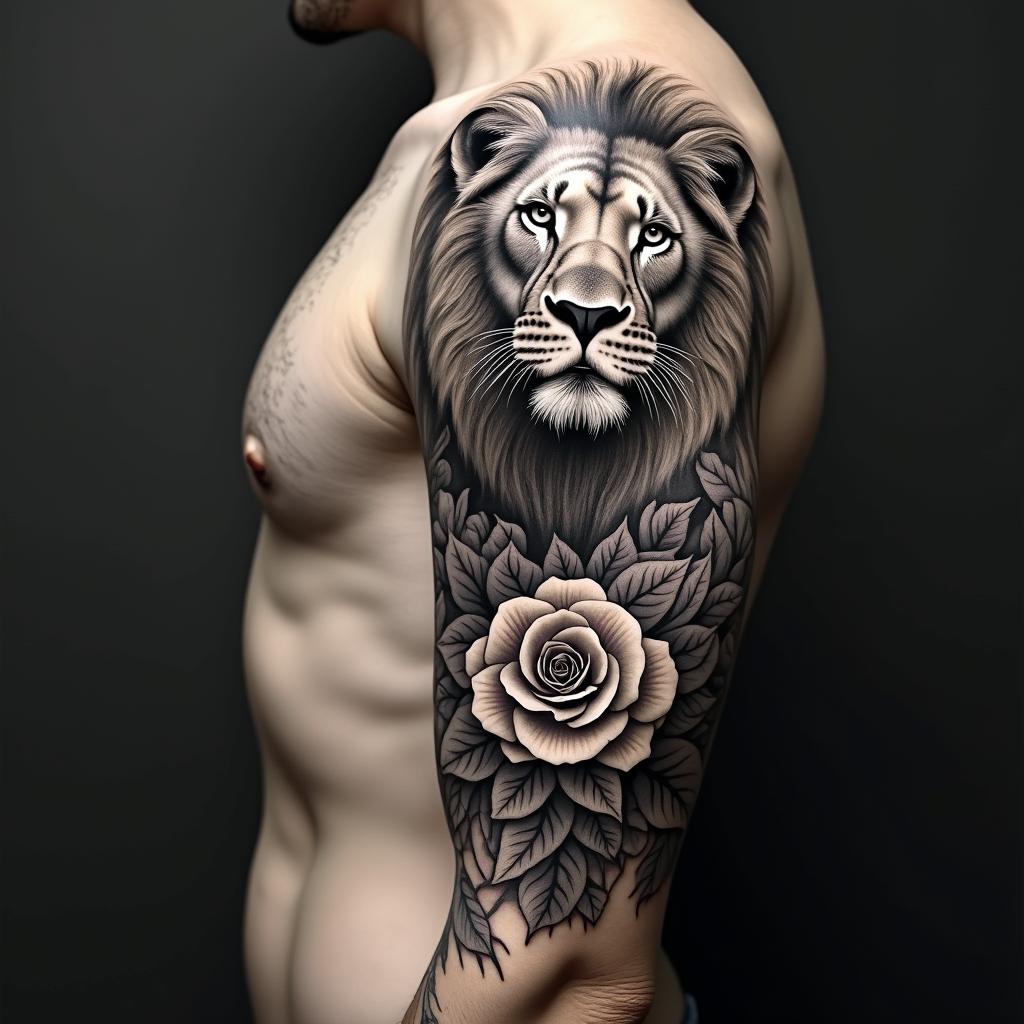Lion and lioness with leaves and English roses sleevein realism tattoo style, featuring a highly detailed, lifelike, capturing every detail, photorealistic, ultra realistic, intricate shading, smooth and sharp,   - Variation 3
