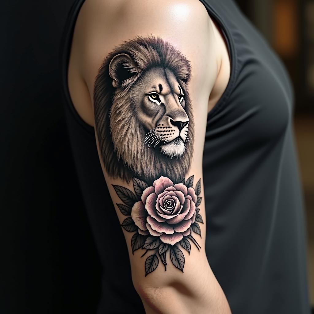 Lion and lioness with leaves and English roses sleevein realism tattoo style, featuring a highly detailed, lifelike, capturing every detail, photorealistic, ultra realistic, intricate shading, smooth and sharp,  