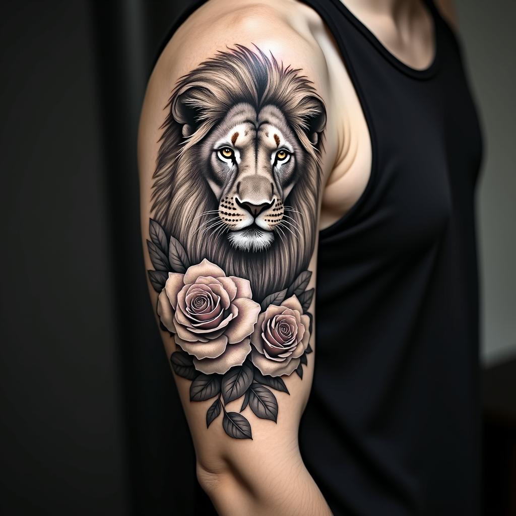 Lion and lioness with leaves and English roses sleevein realism tattoo style, featuring a highly detailed, lifelike, capturing every detail, photorealistic, ultra realistic, intricate shading, smooth and sharp,   - Variation 4