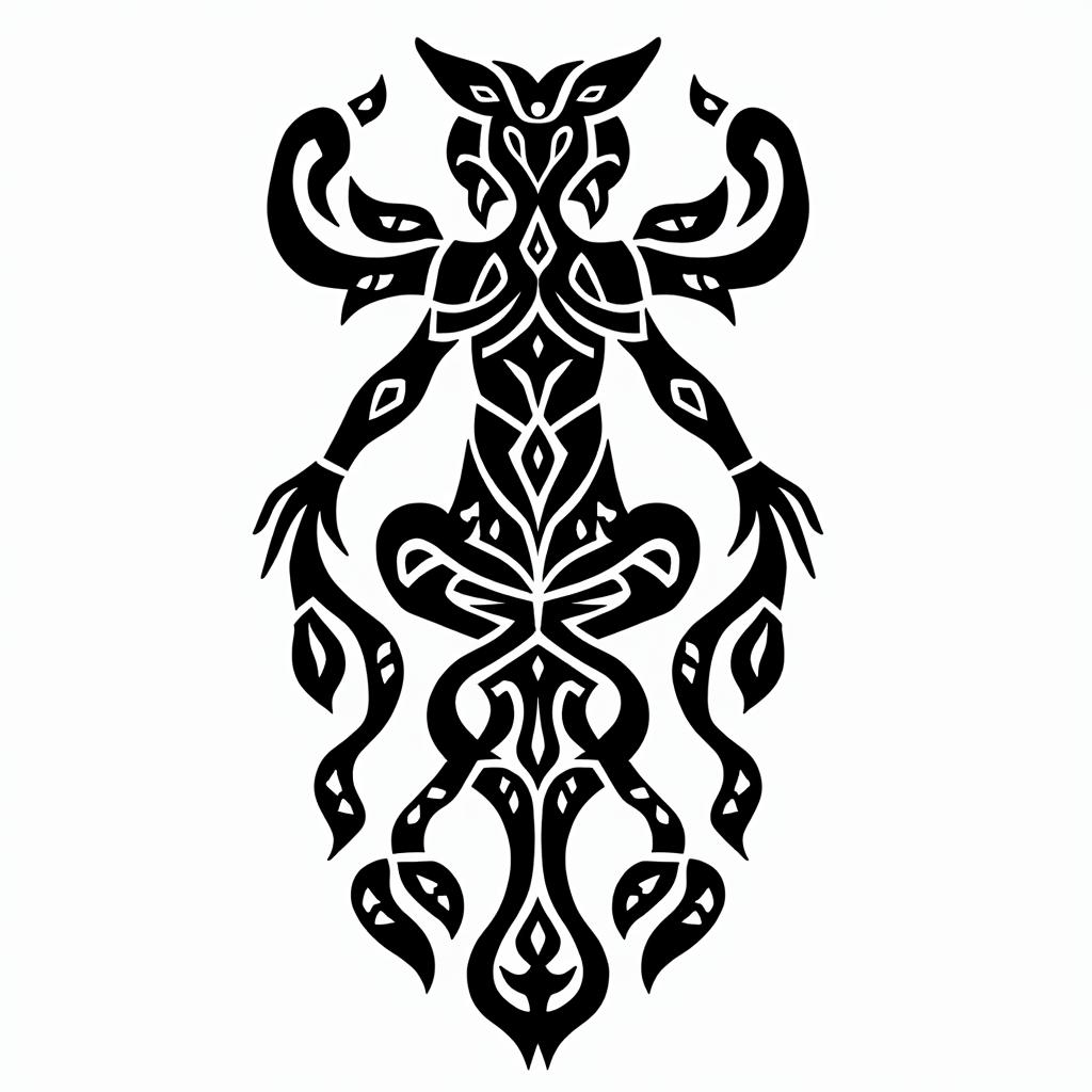 Virgo, animalsin tribal tattoo style, featuring bold and black geometric shapes, curved lines, intertwine and flow seamlessly, creating a powerful and symbolic design, polynesian and maori styles