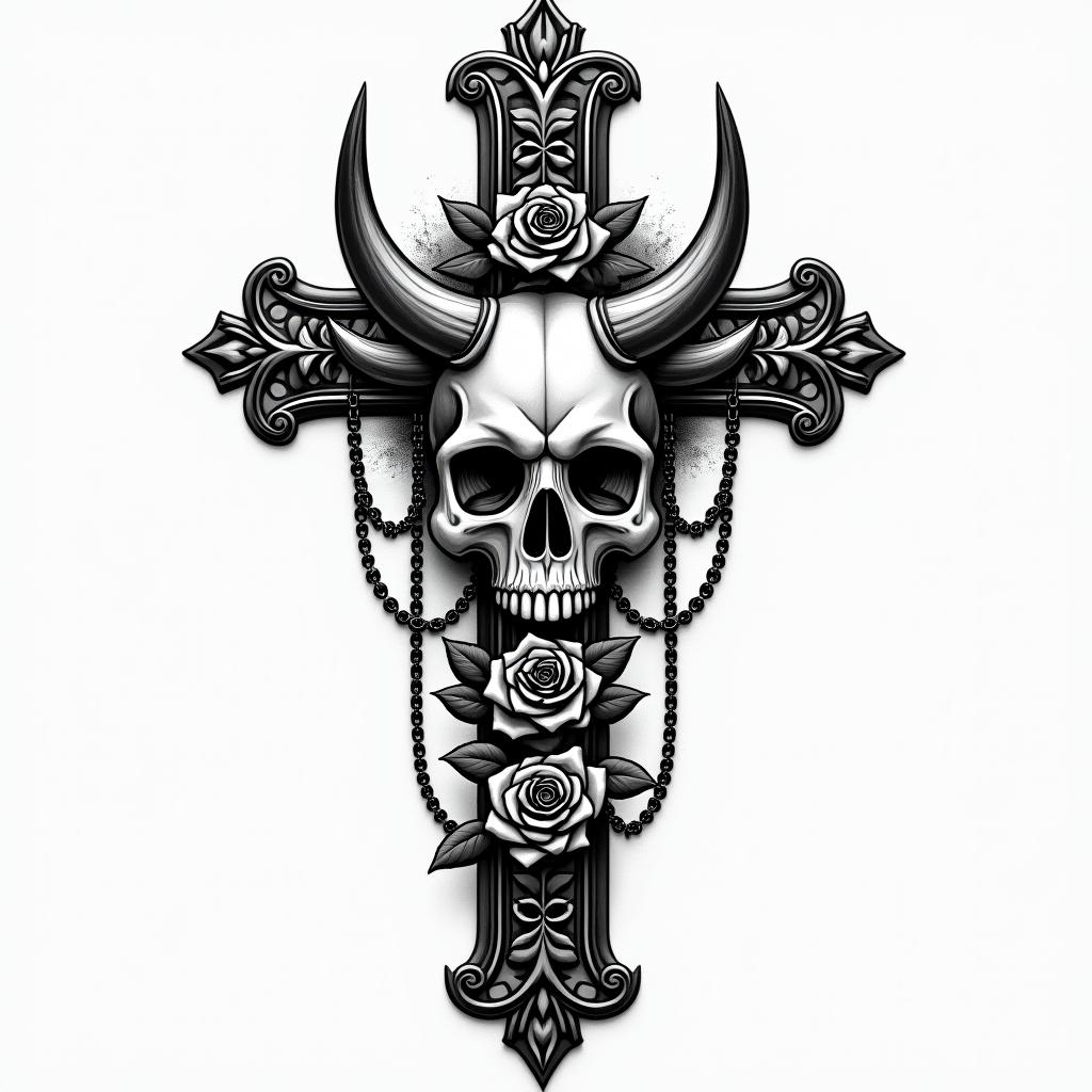 Ox and rose
in chicano style tattoo, featuring intricate black and grey shading, bold elements of traditional chicano culture symbols, add a big cross with skull, chains and roses - Variation 2