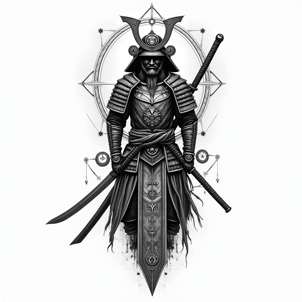 Samurai with a katanain paganic style tattoo, featuring ancient symbols, add vegvisir symbol, mystical figures, incorporating designs, pentagrams, runes, crescent moons, - Variation 6