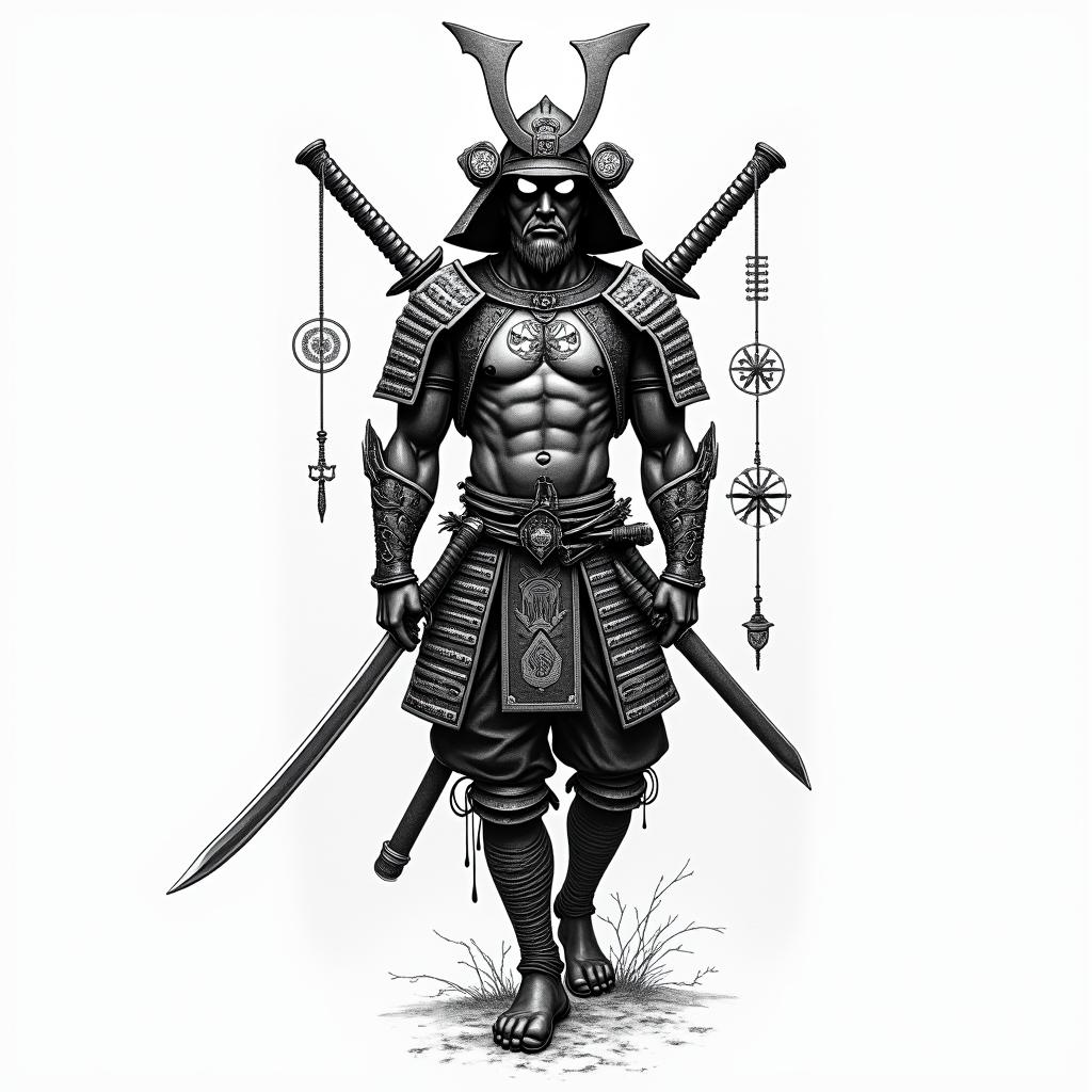 Samurai with a katanain paganic style tattoo, featuring ancient symbols, add vegvisir symbol, mystical figures, incorporating designs, pentagrams, runes, crescent moons, - Variation 5