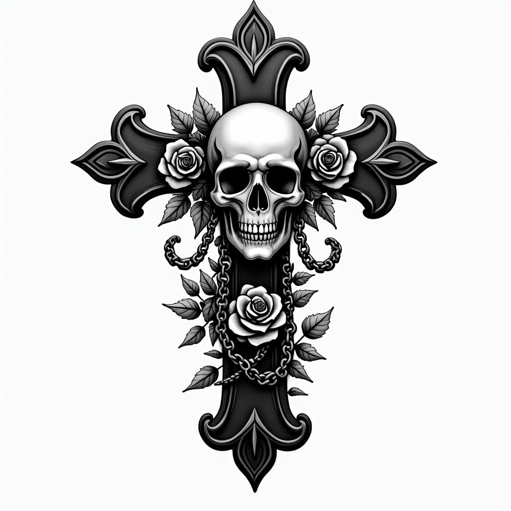 Michoacanin chicano style tattoo, featuring intricate black and grey shading, bold elements of traditional chicano culture symbols, add a big cross with skull, chains and roses - Variation 4