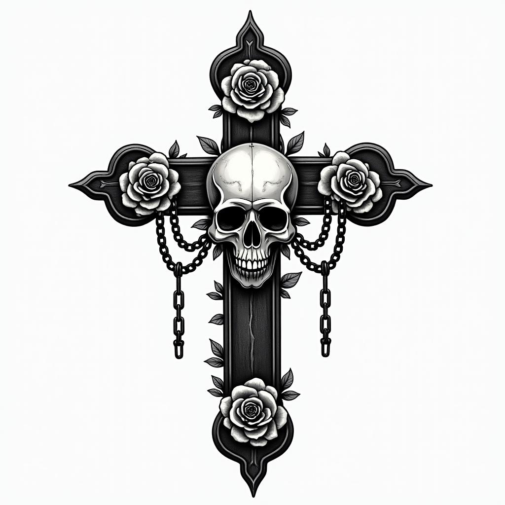 Michoacanin chicano style tattoo, featuring intricate black and grey shading, bold elements of traditional chicano culture symbols, add a big cross with skull, chains and roses
