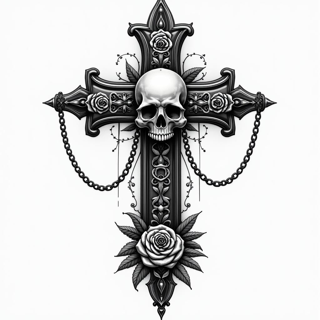 Michoacanin chicano style tattoo, featuring intricate black and grey shading, bold elements of traditional chicano culture symbols, add a big cross with skull, chains and roses - Variation 2