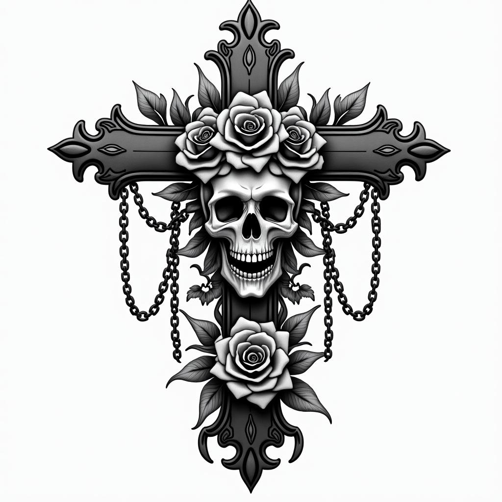 Michoacanin chicano style tattoo, featuring intricate black and grey shading, bold elements of traditional chicano culture symbols, add a big cross with skull, chains and roses - Variation 3