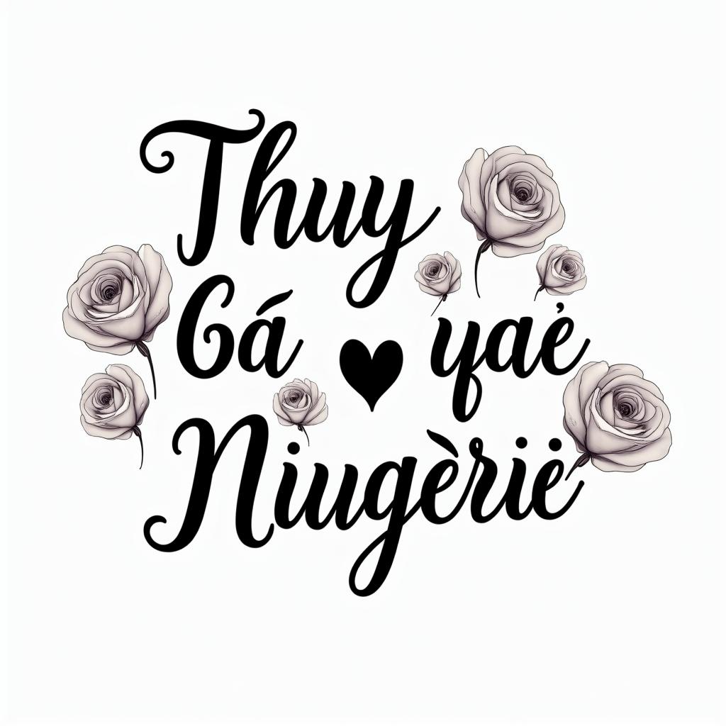 Thuy Nga Nguyenin elegant cursive calligraphy style 2d tattoo, decorate with roses, featuring a smooth and flowing handwritten script with slightly thickened strokes for a luxurious and bold appearance,  heart symbol between names,  sleek and glossy black text with shadowing, minimalist matte white background, clean and sharp edges, illuminated with soft lighting, romantic, 8k, high-quality textures with refined typography - Variation 3