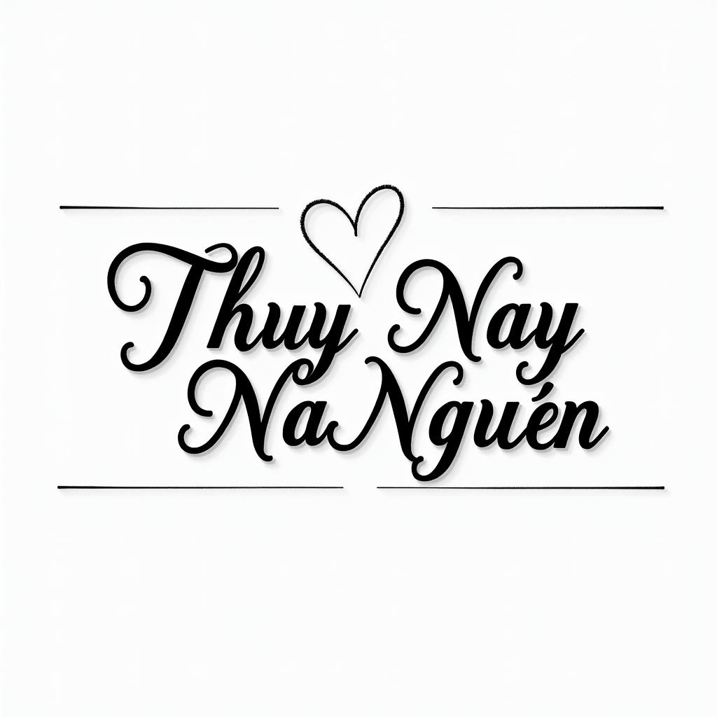 Thuy Nga Nguyenin elegant cursive calligraphy style 2d tattoo, decorate with roses, featuring a smooth and flowing handwritten script with slightly thickened strokes for a luxurious and bold appearance,  heart symbol between names,  sleek and glossy black text with shadowing, minimalist matte white background, clean and sharp edges, illuminated with soft lighting, romantic, 8k, high-quality textures with refined typography
