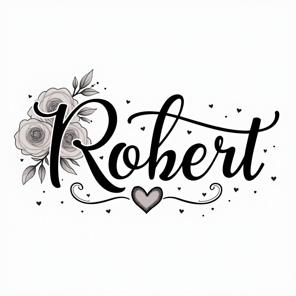 Robert written with the infinity symbolin elegant cursive calligraphy style 2d tattoo, decorate with roses, featuring a smooth and flowing handwritten script with slightly thickened strokes for a luxurious and bold appearance,  heart symbol between names,  sleek and glossy black text with shadowing, minimalist matte white background, clean and sharp edges, illuminated with soft lighting, romantic, 8k, high-quality textures with refined typography - Variation 12