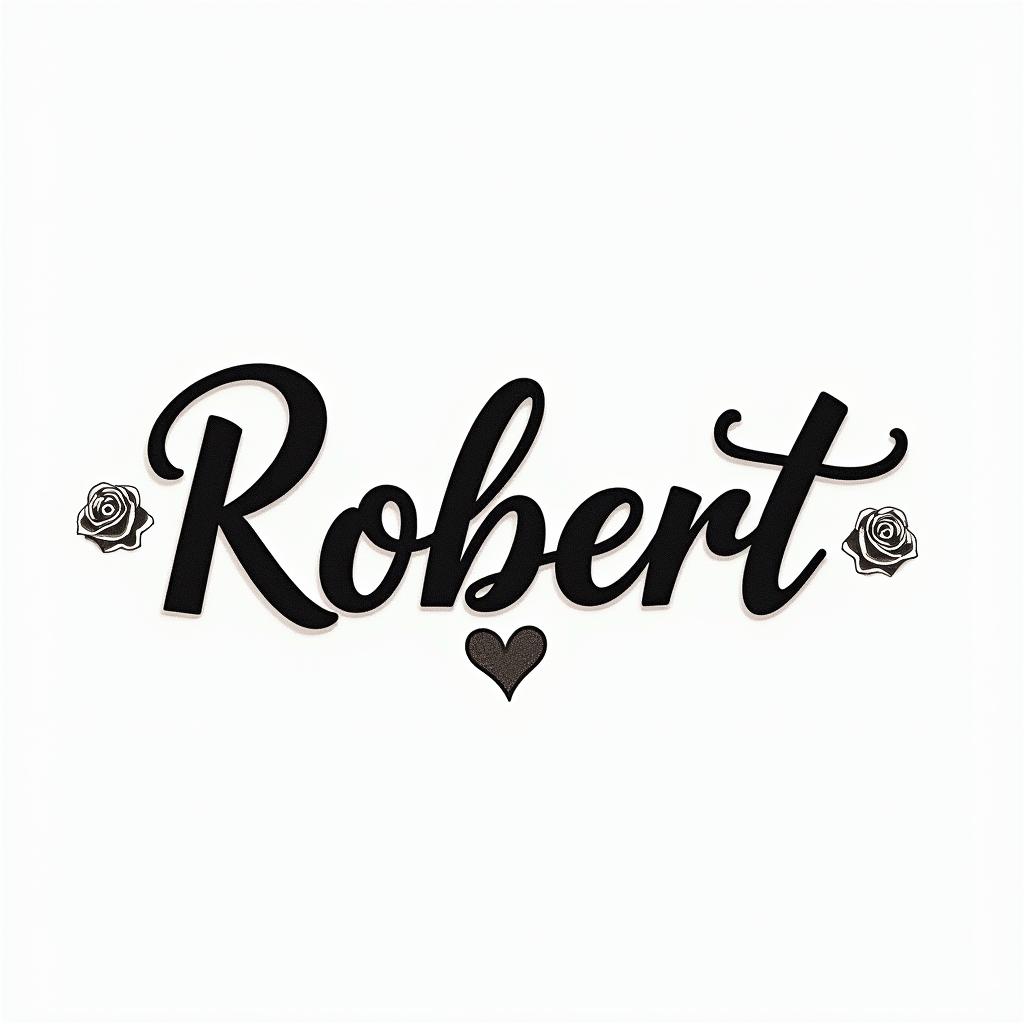 Robert written with the infinity symbolin elegant cursive calligraphy style 2d tattoo, decorate with roses, featuring a smooth and flowing handwritten script with slightly thickened strokes for a luxurious and bold appearance,  heart symbol between names,  sleek and glossy black text with shadowing, minimalist matte white background, clean and sharp edges, illuminated with soft lighting, romantic, 8k, high-quality textures with refined typography - Variation 9