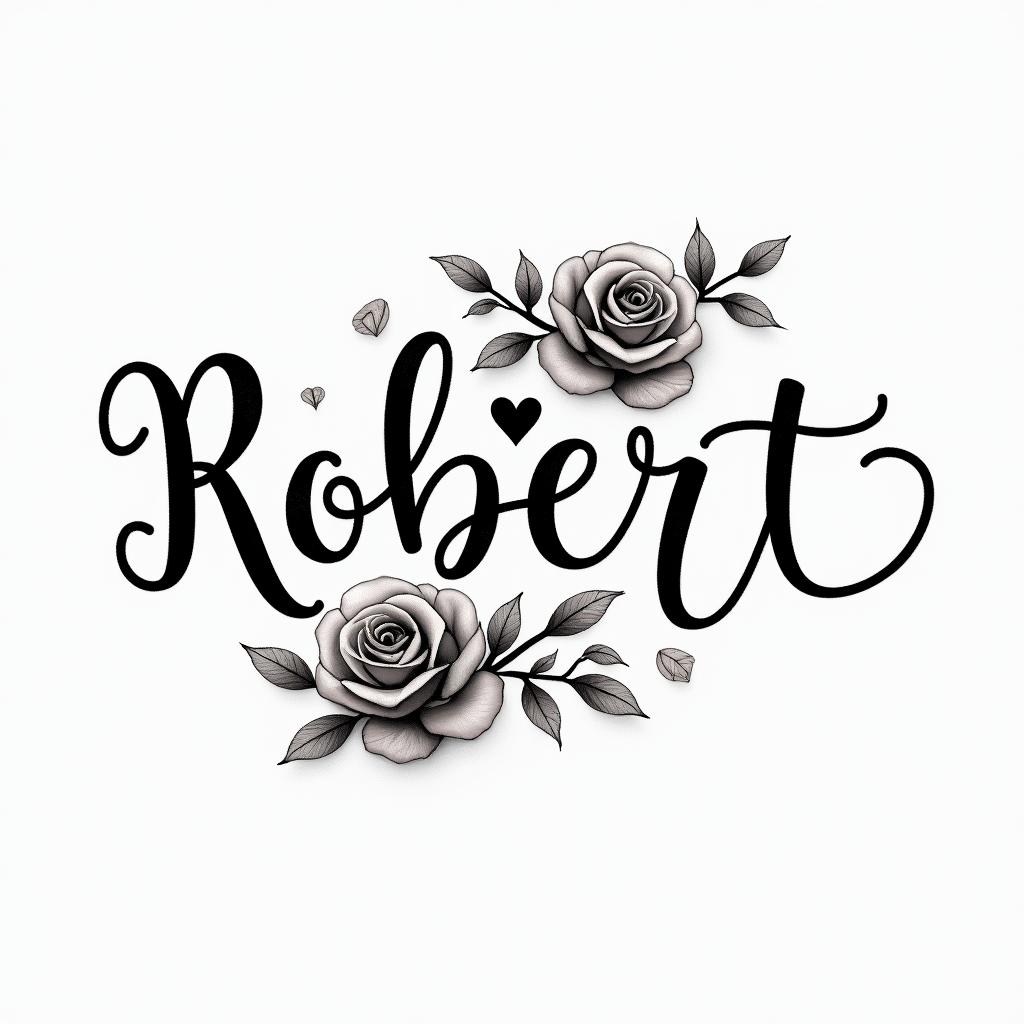 Robert written with the infinity symbolin elegant cursive calligraphy style 2d tattoo, decorate with roses, featuring a smooth and flowing handwritten script with slightly thickened strokes for a luxurious and bold appearance,  heart symbol between names,  sleek and glossy black text with shadowing, minimalist matte white background, clean and sharp edges, illuminated with soft lighting, romantic, 8k, high-quality textures with refined typography - Variation 11