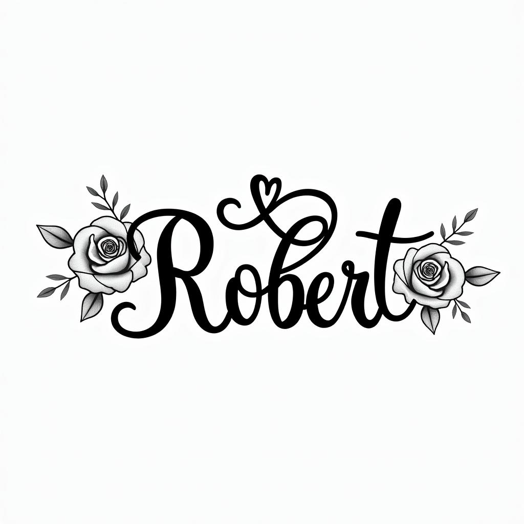 Robert written with the infinity symbolin elegant cursive calligraphy style 2d tattoo, decorate with roses, featuring a smooth and flowing handwritten script with slightly thickened strokes for a luxurious and bold appearance,  heart symbol between names,  sleek and glossy black text with shadowing, minimalist matte white background, clean and sharp edges, illuminated with soft lighting, romantic, 8k, high-quality textures with refined typography - Variation 10
